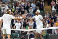 Stefanos Tsitsipas (left) and Nick Kyrgios (right) after the conclusion of their men's singles clash at the 2022 Wimbledon Championships Source: Getty (Source: Getty)